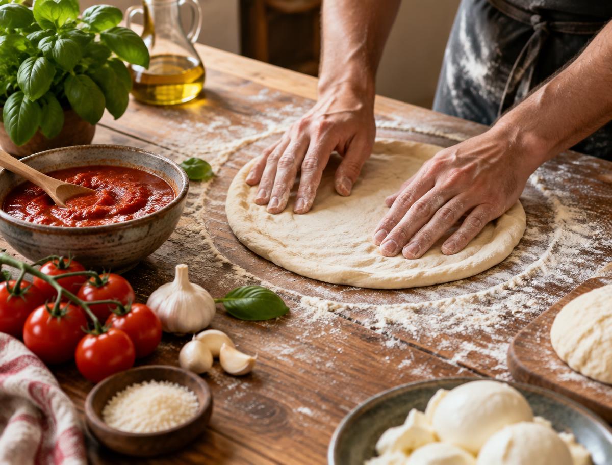 Fresh pizza dough being prepared